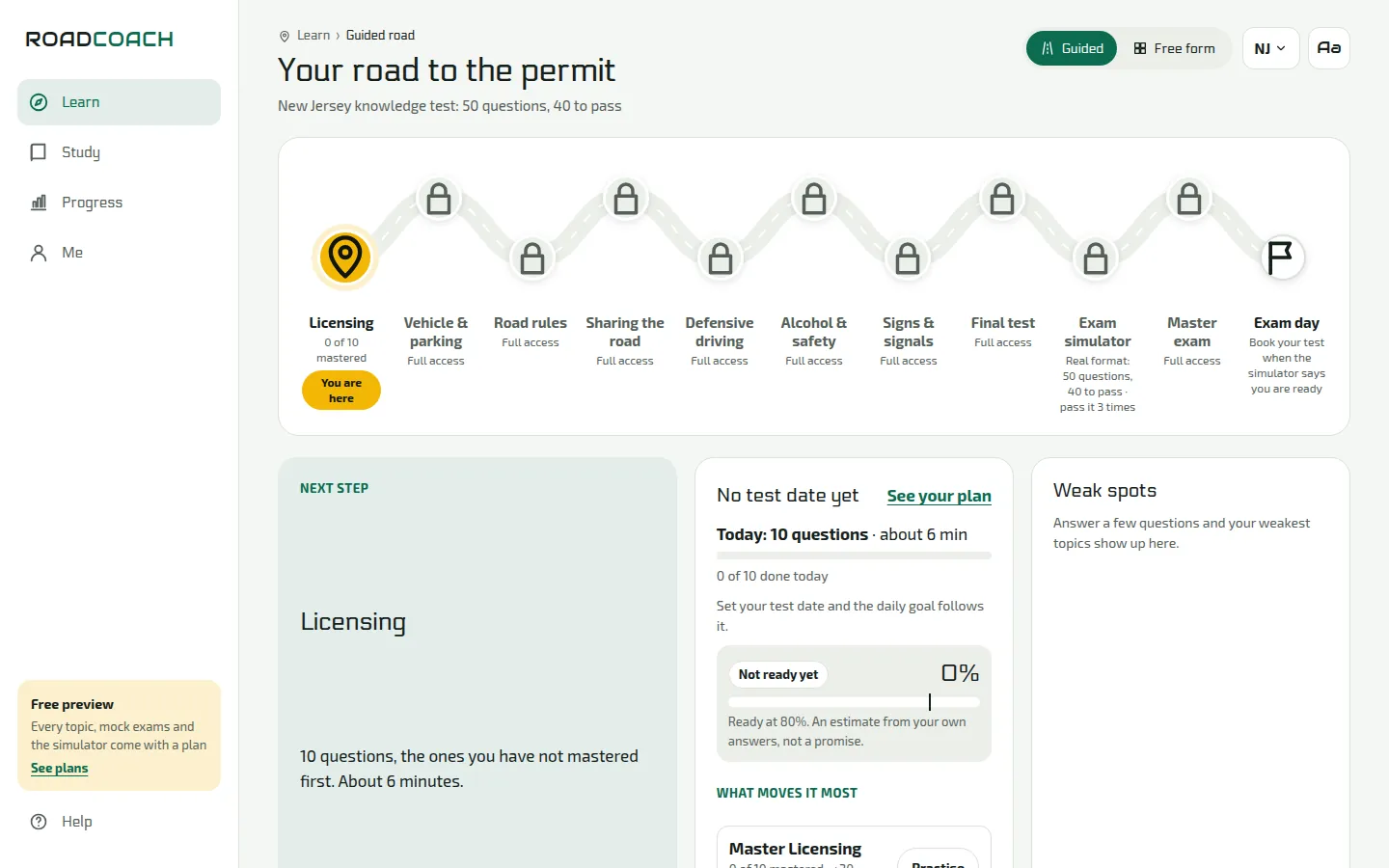 Road Coach on a computer: the guided road through the New Jersey manual, topic by topic, from Licensing to Exam day.
