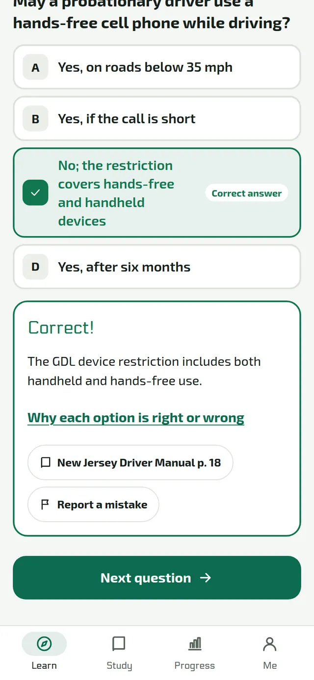 A practice question answered correctly, with the explanation and a citation: New Jersey Driver Manual page 18.