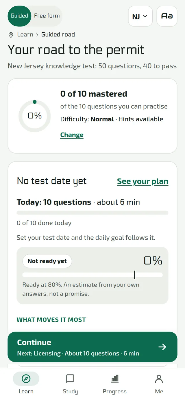 The study plan on a phone: today's questions and a readiness estimate from your own answers.