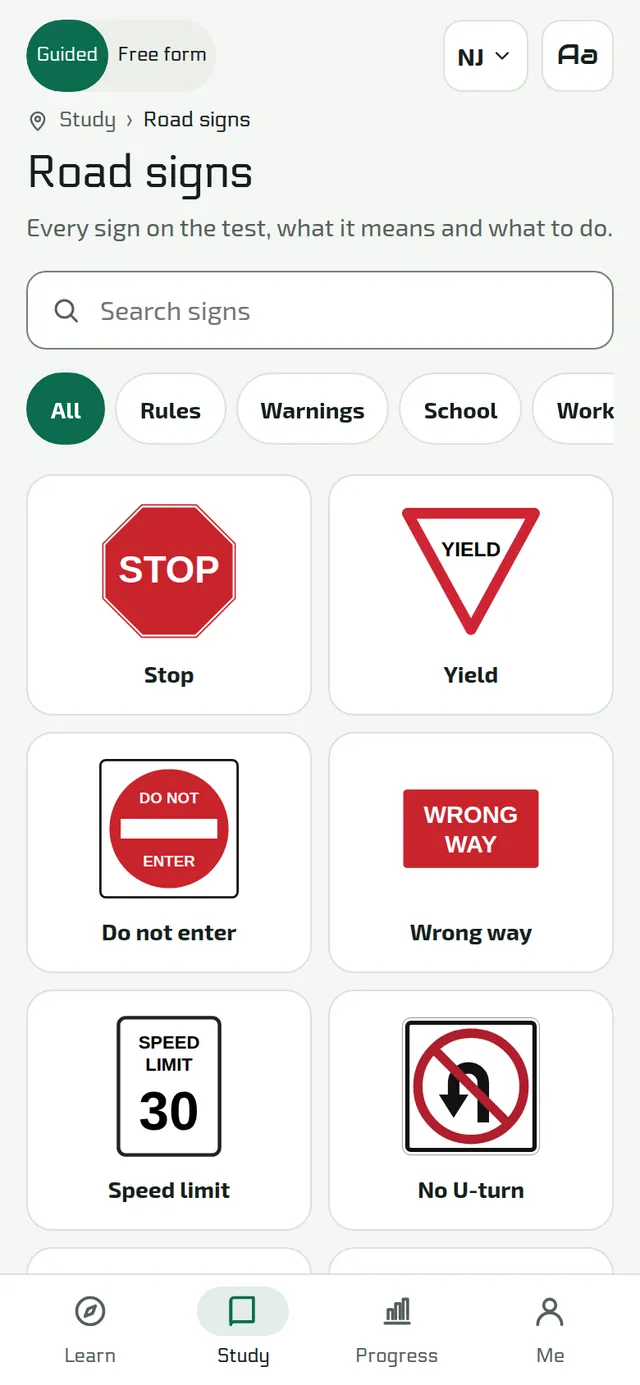 The road signs section of the app.